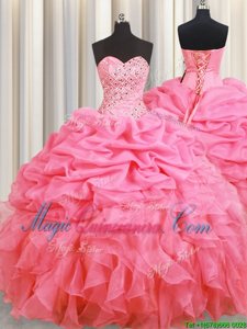 Low Price Rose Pink Ball Gowns Organza Halter Top Sleeveless Beading and Ruffles and Pick Ups Floor Length Lace Up Sweet 16 Dresses