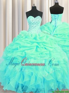 Stunning Turquoise Ball Gowns Beading and Ruffles and Pick Ups Quinceanera Gown Lace Up Organza Sleeveless Floor Length