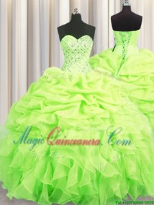 Yellow Green Vestidos de Quinceanera Military Ball and Sweet 16 and Quinceanera and For with Beading and Ruffles and Pick Ups Sweetheart Sleeveless Lace Up