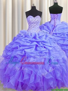 Superior Lavender Organza Lace Up 15 Quinceanera Dress Sleeveless Floor Length Beading and Ruffles and Pick Ups