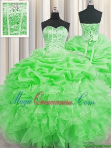 Customized Visible Boning Sweetheart Sleeveless Quinceanera Gown Floor Length Beading and Ruffles and Pick Ups Green Organza