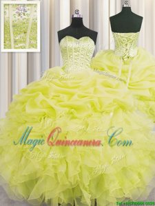 Visible Boning Yellow Lace Up Quinceanera Dresses Beading and Ruffles and Pick Ups Sleeveless Floor Length