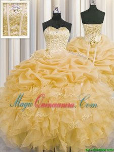 Visible Boning Light Yellow Sleeveless Beading and Ruffles and Pick Ups Floor Length Ball Gown Prom Dress