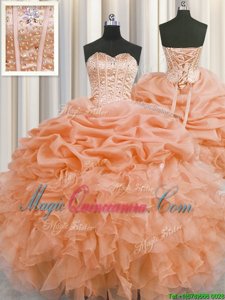 Great Visible Boning Organza Sweetheart Sleeveless Lace Up Beading and Ruffles and Pick Ups Quinceanera Dresses in Orange