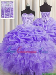 Visible Boning Sleeveless Lace Up Floor Length Beading and Ruffles and Pick Ups Vestidos de Quinceanera