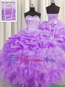 Extravagant Visible Boning Floor Length Lavender Sweet 16 Dresses Organza Sleeveless Beading and Ruffles and Pick Ups