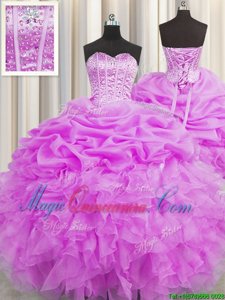 On Sale Visible Boning Lilac Ball Gowns Sweetheart Sleeveless Organza Floor Length Lace Up Beading and Ruffles and Pick Ups 15th Birthday Dress