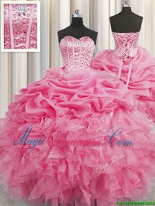 Pick Ups Visible Boning Floor Length Ball Gowns Sleeveless Rose Pink Sweet 16 Dresses Lace Up