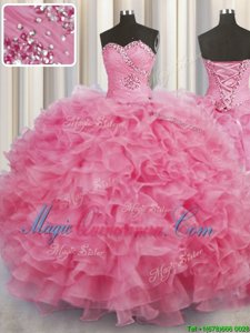 Floor Length Lace Up Quince Ball Gowns Rose Pink and In for Military Ball and Sweet 16 and Quinceanera with Beading and Ruffles