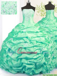 Strapless Sleeveless Sweet 16 Dress With Train Sweep Train Beading and Pick Ups Turquoise Taffeta