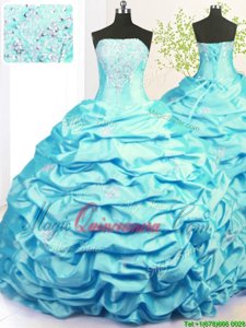 Best Selling Aqua Blue Lace Up Strapless Beading and Pick Ups Quinceanera Dresses Taffeta Sleeveless Sweep Train