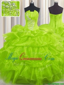 Noble Pick Ups Yellow Green Sleeveless Organza Lace Up Vestidos de Quinceanera for Military Ball and Sweet 16 and Quinceanera