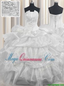 Delicate Floor Length White Quinceanera Gowns Organza Sleeveless Beading and Ruffled Layers and Pick Ups