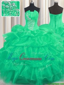 Turquoise Organza Lace Up Ball Gown Prom Dress Sleeveless Floor Length Beading and Ruffled Layers and Pick Ups