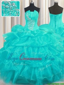 Floor Length Aqua Blue Quinceanera Gowns Organza Sleeveless Beading and Ruffled Layers and Pick Ups