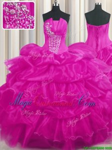 Hot Pink and Fuchsia Lace Up Strapless Beading and Ruffled Layers and Pick Ups Quinceanera Gown Organza Sleeveless
