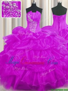 Organza Strapless Sleeveless Lace Up Beading and Ruffled Layers and Pick Ups Quinceanera Gowns in Purple