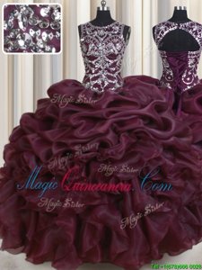 Spectacular Scoop See Through Floor Length Lace Up Quinceanera Dress Dark Green and In for Military Ball and Sweet 16 and Quinceanera with Beading and Pick Ups