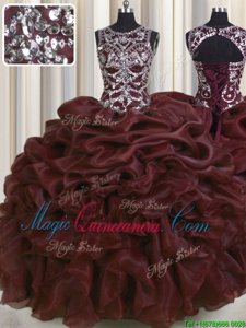See Through Burgundy Ball Gowns Beading and Pick Ups 15th Birthday Dress Lace Up Organza Sleeveless Floor Length