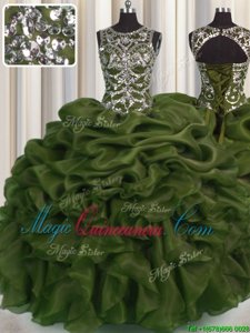 See Through Olive Green Lace Up Sweet 16 Dresses Beading and Pick Ups Sleeveless Floor Length