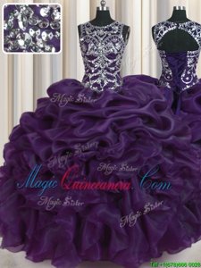 Pretty Eggplant Purple Quinceanera Dress Military Ball and Sweet 16 and Quinceanera and For with Beading and Pick Ups Scoop Sleeveless Lace Up
