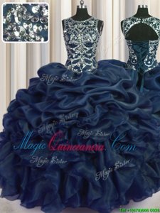 Navy Blue Organza Lace Up Scoop Sleeveless Floor Length Quinceanera Gowns Beading and Pick Ups