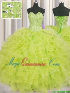 Visible Boning Sleeveless Organza Floor Length Lace Up Quince Ball Gowns in Yellow Green for with Beading and Ruffles