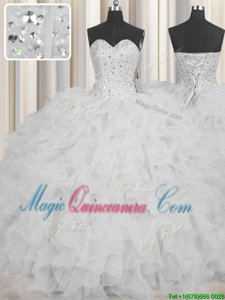 Visible Boning Organza Sleeveless Floor Length Sweet 16 Quinceanera Dress and Beading and Ruffles and Sashes|ribbons