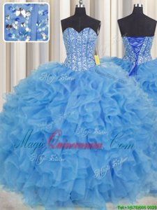 Visible Boning Floor Length Ball Gowns Sleeveless Aqua Blue Sweet 16 Dresses Lace Up