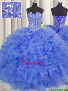 Visible Boning Blue Lace Up Quinceanera Gowns Beading and Ruffles and Sashes|ribbons Sleeveless Floor Length