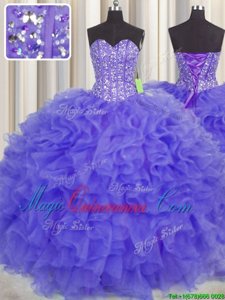 Visible Boning Purple Lace Up Sweet 16 Dress Beading and Ruffles and Sashes|ribbons Sleeveless Floor Length