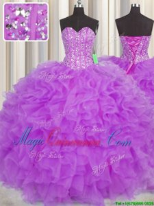 Visible Boning Floor Length Lace Up Quinceanera Dresses Purple and In for Military Ball and Sweet 16 and Quinceanera with Beading and Ruffles and Sashes|ribbons
