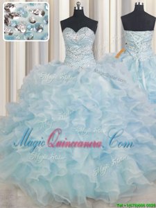 Light Blue Sleeveless Organza Lace Up Sweet 16 Dress for Military Ball and Sweet 16 and Quinceanera