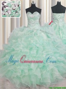 Flare Floor Length Lace Up Sweet 16 Dresses Apple Green and In for Military Ball and Sweet 16 and Quinceanera with Beading and Ruffles
