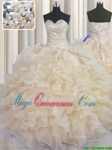 Glorious Champagne Ball Gowns Beading and Ruffles Quinceanera Dresses Lace Up Organza Sleeveless Floor Length