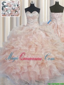 Captivating Champagne Quinceanera Gown Military Ball and Quinceanera and For with Beading and Ruffles Sweetheart Sleeveless Lace Up