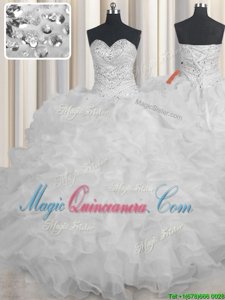 White Organza Lace Up Sweetheart Sleeveless Floor Length Ball Gown Prom Dress Beading and Ruffles
