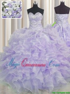 Floor Length Lavender Quinceanera Dresses Organza Sleeveless Beading and Ruffles
