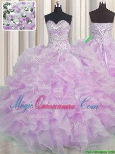 Eye-catching Lilac Organza Lace Up Vestidos de Quinceanera Sleeveless Floor Length Beading and Ruffles