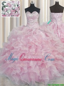 Bling-bling Pink Sweetheart Neckline Beading and Ruffles Quinceanera Gowns Sleeveless Lace Up