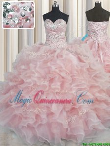 Bling-bling Pink Ball Gowns Organza Sweetheart Sleeveless Beading and Ruffles Floor Length Lace Up Sweet 16 Quinceanera Dress