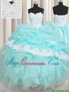 Inexpensive Ruffled Sweetheart Sleeveless Lace Up 15th Birthday Dress Baby Blue Organza
