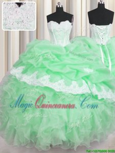 Floor Length Lace Up Quinceanera Gowns Green and In for Military Ball and Sweet 16 and Quinceanera with Beading and Appliques and Ruffles and Pick Ups