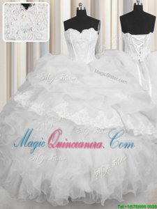 Modest White Sleeveless Floor Length Beading and Appliques and Ruffles and Pick Ups Lace Up Quinceanera Gowns