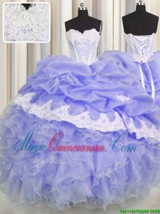 Modern Lavender Organza Lace Up Sweetheart Sleeveless Floor Length Sweet 16 Dress Beading and Appliques and Ruffles and Pick Ups