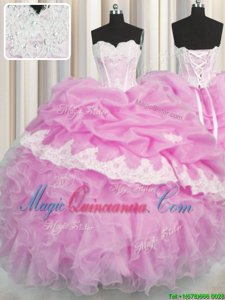 Pink Quinceanera Dress Military Ball and Sweet 16 and Quinceanera and For with Beading and Appliques and Ruffles and Pick Ups Sweetheart Sleeveless Lace Up