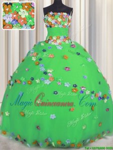 Stunning Strapless Sleeveless Tulle Quinceanera Gown Hand Made Flower Lace Up