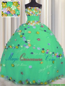 Pretty Floor Length Turquoise Sweet 16 Dress Tulle Sleeveless Hand Made Flower