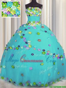 Aqua Blue Ball Gowns Strapless Sleeveless Tulle Floor Length Lace Up Hand Made Flower Sweet 16 Dress