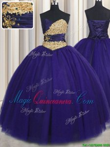 Best Selling Sleeveless Tulle Floor Length Lace Up 15 Quinceanera Dress in Royal Blue for with Beading and Appliques